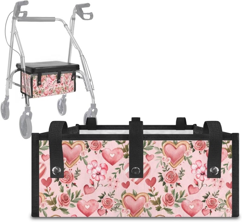LedBack 3 Piece Set Walker Accessories Pink Rose Heart Walker Seat Cover Soft Rollator Seat and Back Rest Covers Underseat Pouch Tote Valentines Decorations - Image 3
